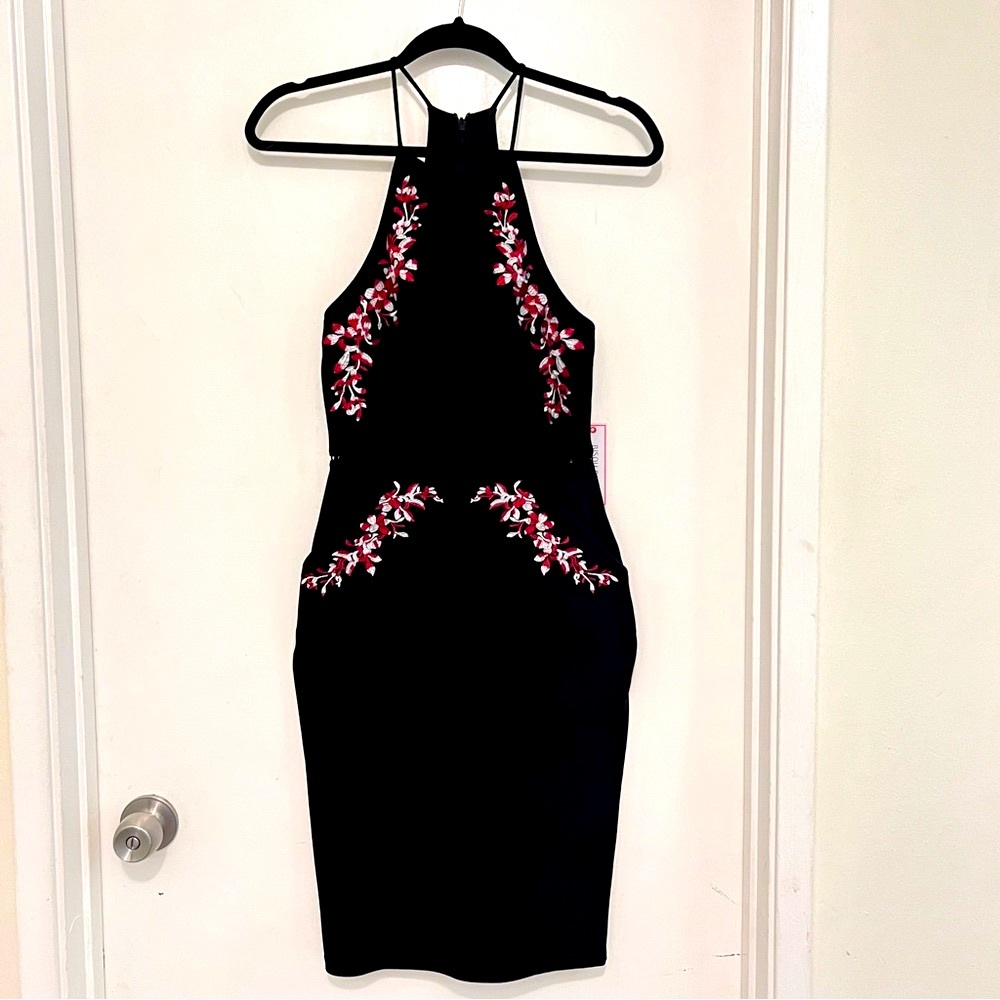 NWT Bisou Bisou Bodycon Cocktail Dress Spaghetti Strap Red Roses Knee Length